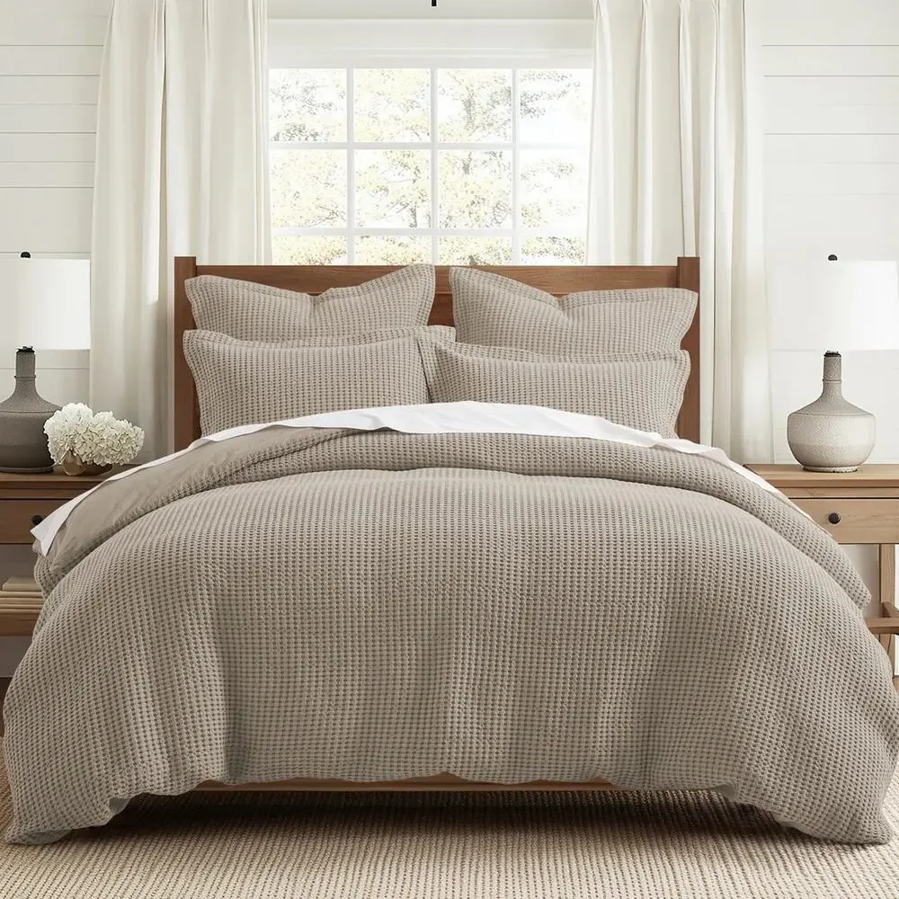 Levtex Full/Queen Duvet Cover Set Waffle Textured Beige Fawn + 2 Shams